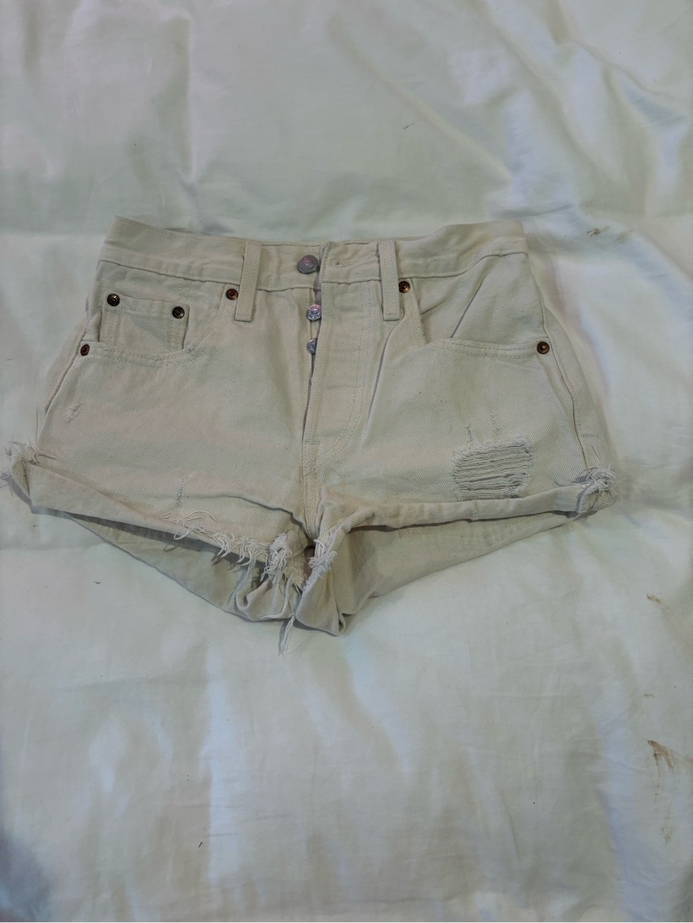 Levi’s Women's Distressed High-Rise Cream Denim Shorts
